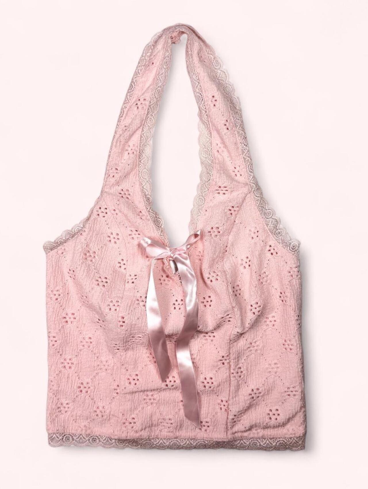 Pink Halter Top With Bow Detail And Small Floral Embroidery